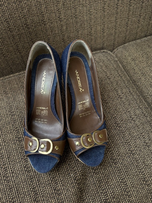 Andrea Women's Blue/Brown Textile Platform Open Toe Slip-On Heels Buckle Stud
