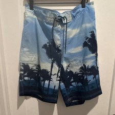 George Men's Board Shorts Blue Palm Tree Drawstring Back Pocket Size M 32-34 