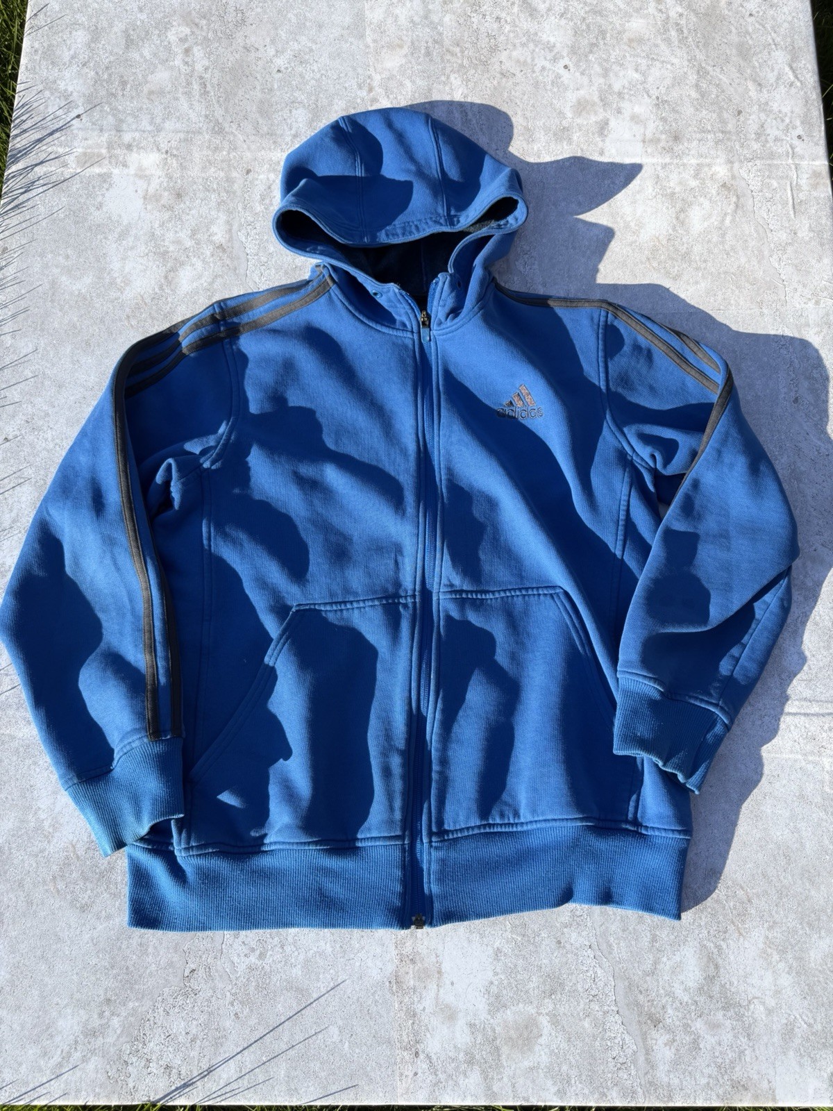 adidas Blue Full Zip Hooded Fleece Men's Hoodie Striped Logo Size M