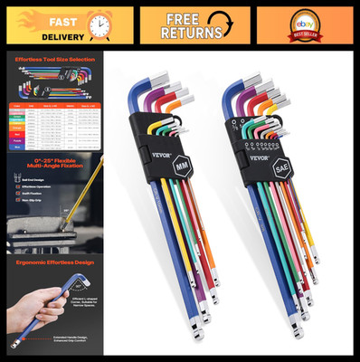 22-Piece Hex Key Allen Wrench Set, SAE & Metric, Color-Coded, Ball End, Long Arm