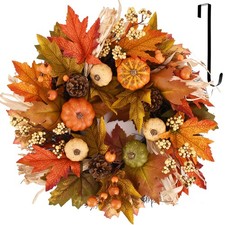 24 Inch Fall Wreaths for Front Door, Autumn Pumpkin Maple Wreath with Hanger