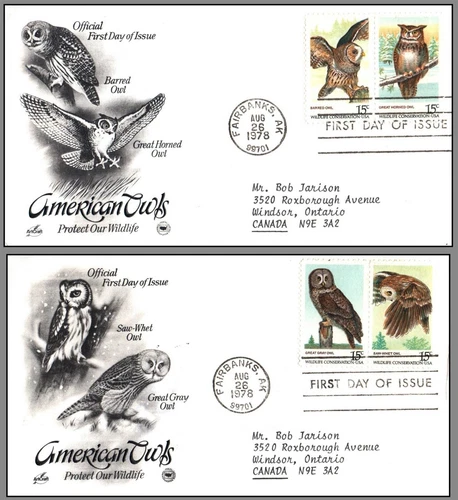 USA FDC - 1978 - American Owls, Scott # 1760-63, 2 Artcrafts FDCs