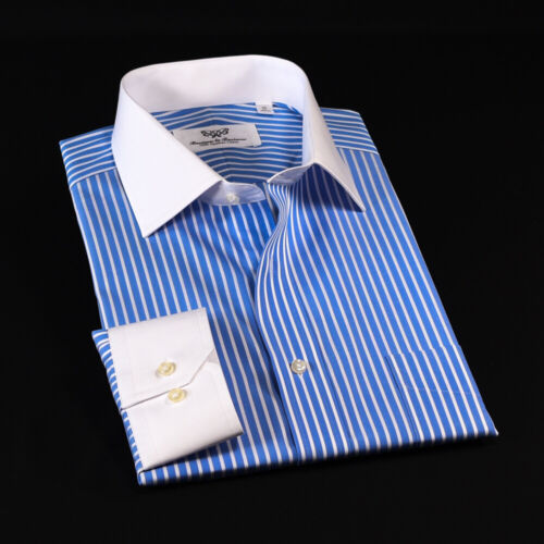 Blue Stripe White Collar & Cuff Formal Dress Shirt Luxury Fashion Standard Cuff - Picture 1 of 12