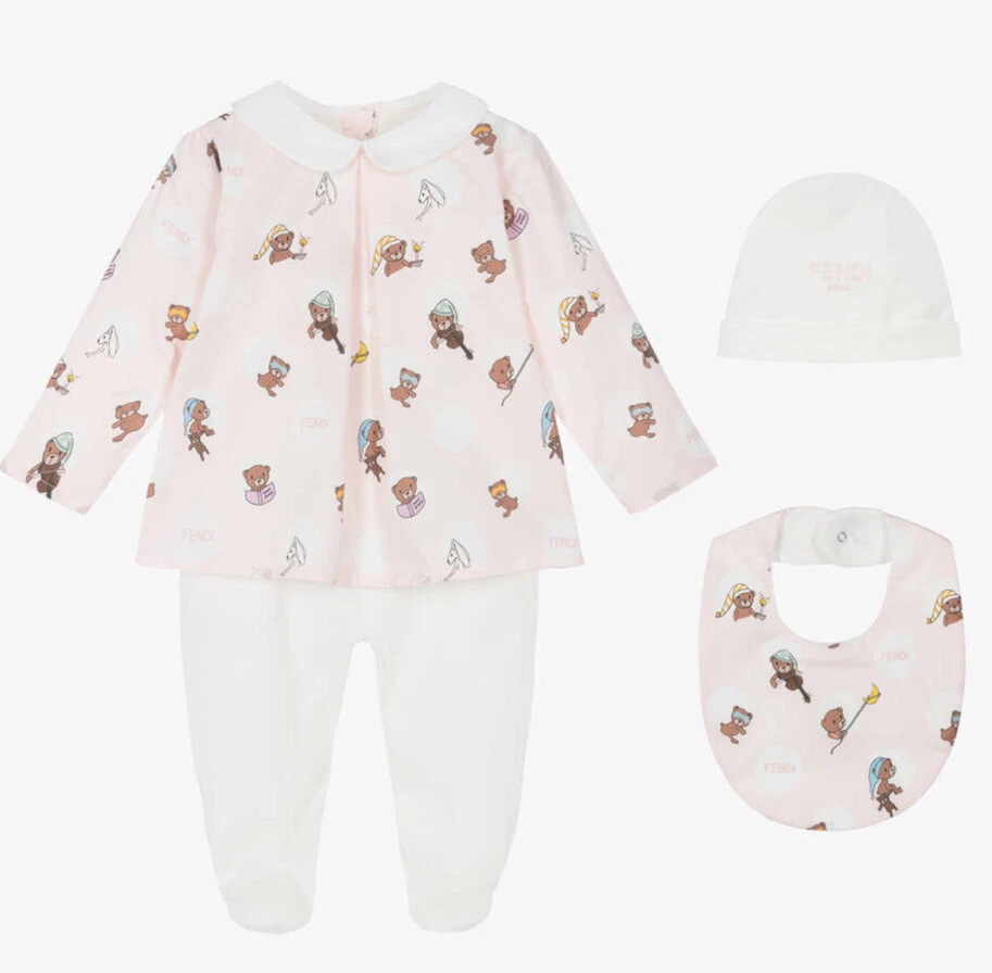NEW Fendi Kids Baby Boy Tan White Newborn 3m 3 Pc Set Romper Hat Bib $680 Gift