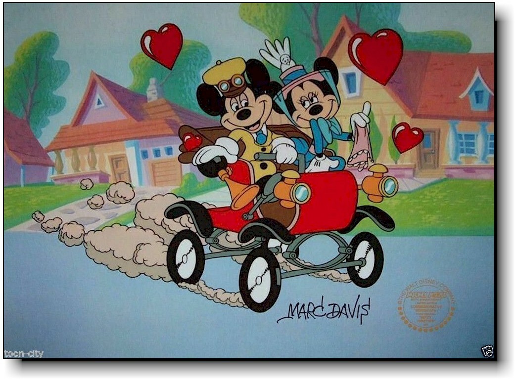 DISNEY ディズニー セル画 セリグラフミッキー&ミニー サンデードライブ ✓ Mickey Minnie Hand Signed Walt Disney Sericel Cel FREE