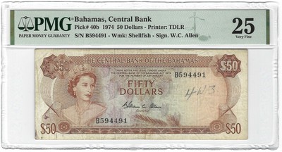 1974 Bahamas 50 Dollars P 40b Allen B Pmg 25 Vf Very Rare Qeii Type Ebay