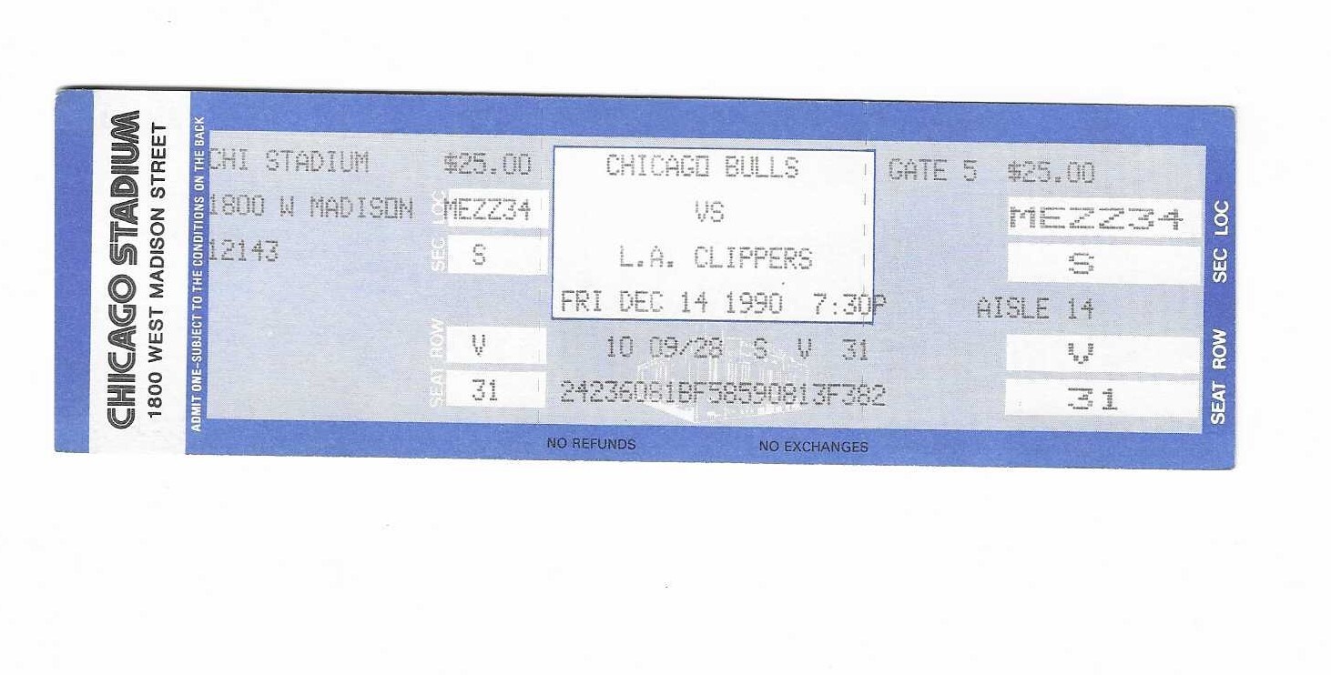 Chicago Bulls vs Los Angeles Clippers Unused Basketball Ticket from 12/14/1990