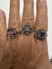 3 Sterling Silver Amethyst And Marcasite Rings Size 8 9