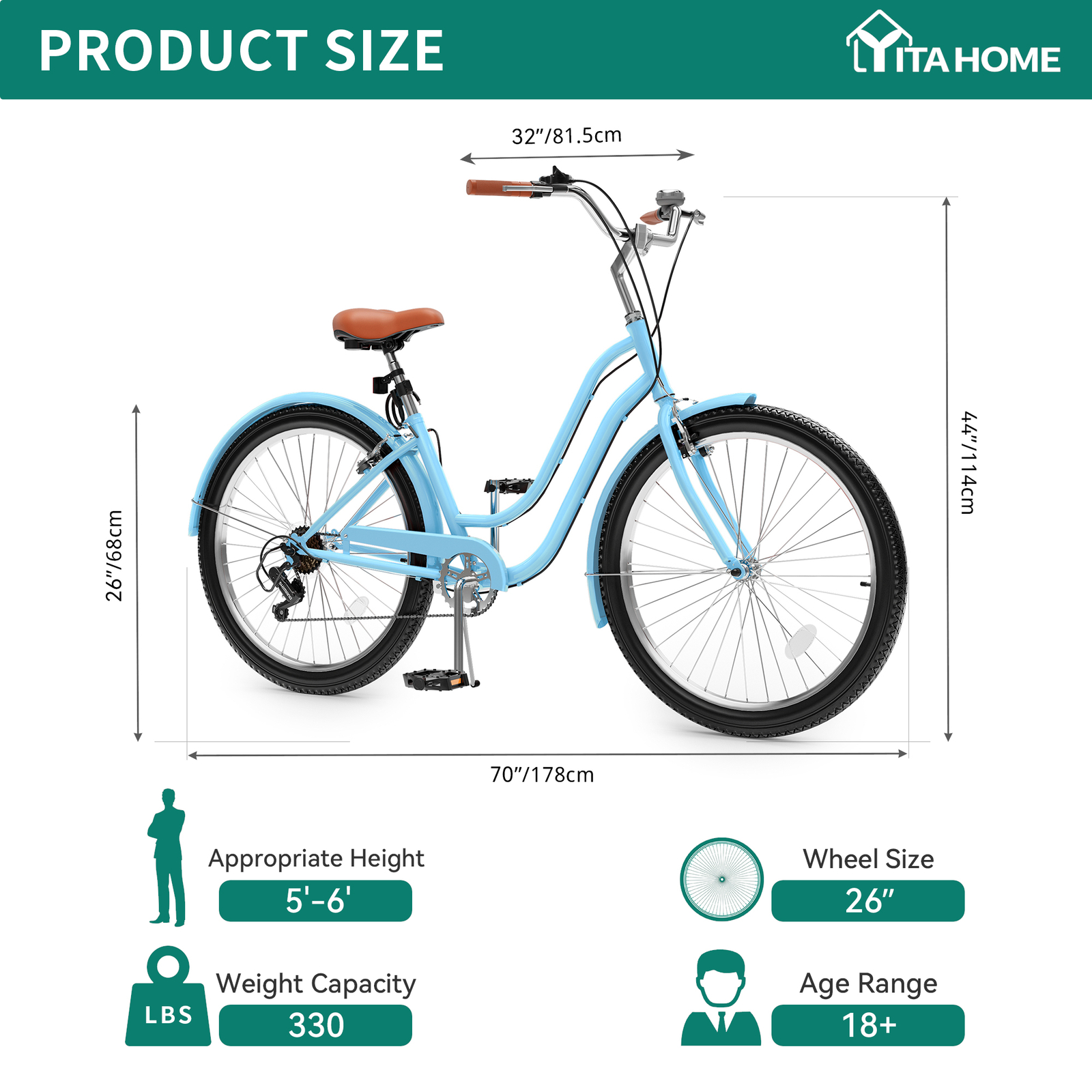 24 & 26 Inch Beach Cruiser Bike, 7 Speed & Single Speed Commute Bike