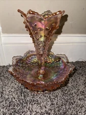 Fenton Art Glass Iridized Pink Hobnail Single Horn Epergne