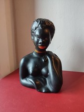 Buste Femme Africaine Vintage Années 50 - Statuette Plâtre Noir & Or - Art Déco