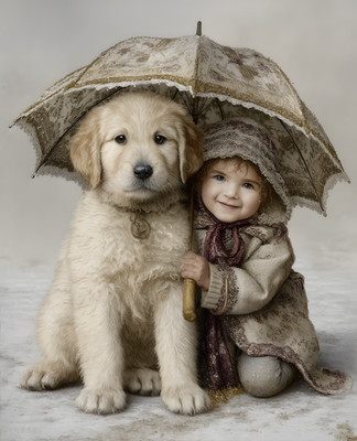 8x10 Little Girl and a Puppy Sitting under an Umbrella Art Print - 312452204