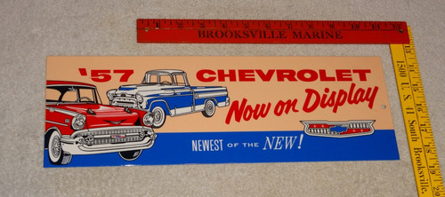 VINTAGE CHEVROLET 1957 TRUCK & CAR @ CHEVY DEALER ENAMEL METAL GASOLINE OIL SIGN