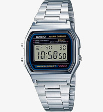 Casio A158 Digital Quartz Wristwatch Alarm Chrono WR Silver Stainless Bracelet