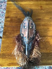Vintage African Wooden Tribal Mask With Feathers & Straw Beard 54cm High 