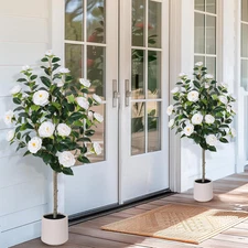 47 Inch Artificial Camellia Tree with White Flower Pots -2 Pack White Fake Tree,