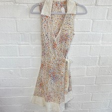 Free People Linen Floral Wrap Boho Sleeveless Collared Dress sz 6