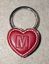 Red Leather Heart Keyring Keychain w/ Embroidered Edge, Embossed Initial M