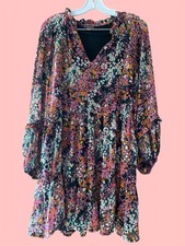 Vince Camuto Multicolored Floral Dress Size 8 Layers Sheer Sleeves V Neck Med