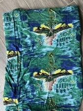 Vintage Hawaiian Fabric Huts Trees Fishing Volcano Beach 45" x 50"
