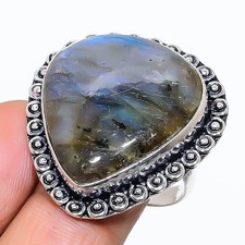 Natural Labradorite Gemstone 925 Sterling Silver Jewelry Ring Size 9 US 