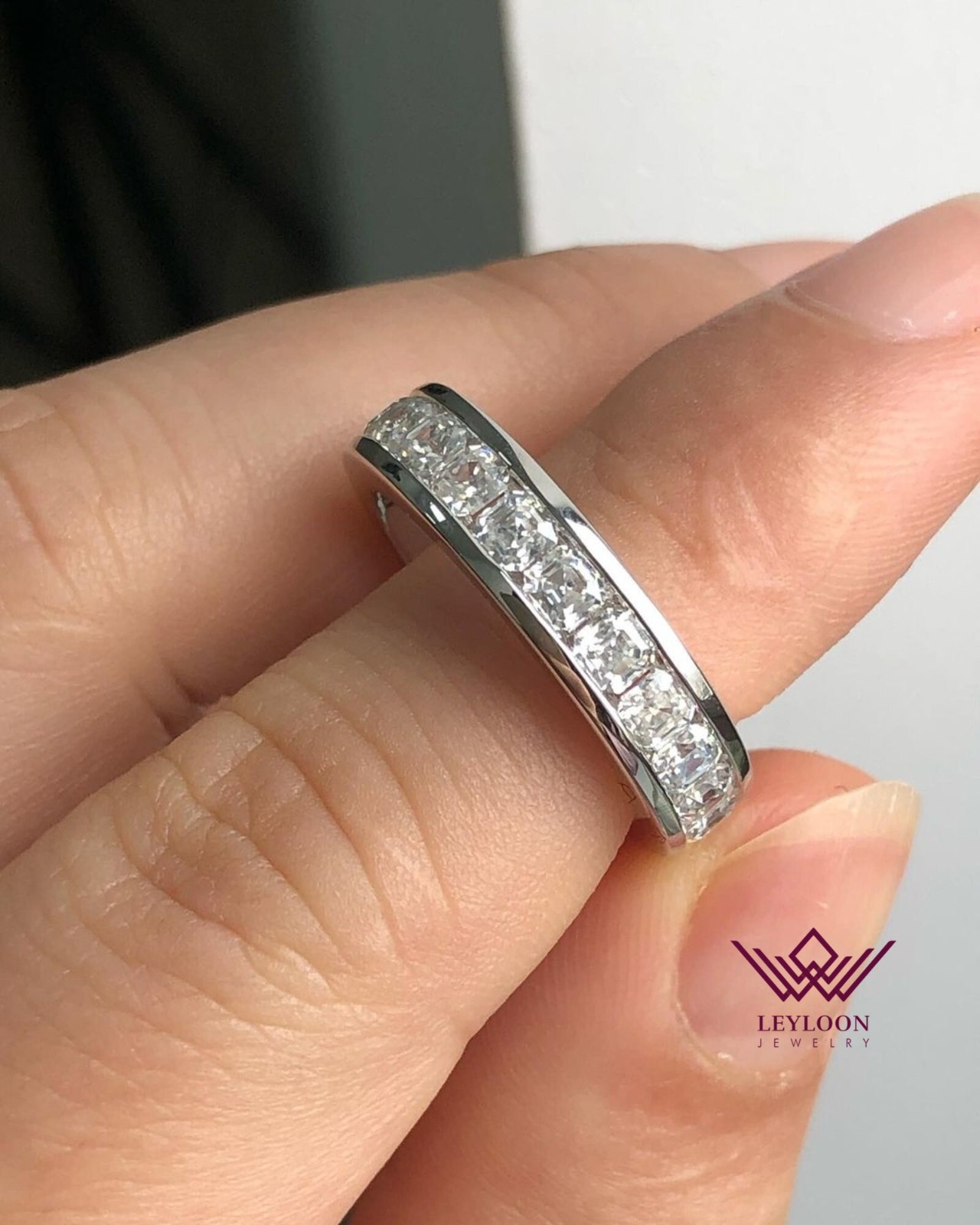 Asscher Cut Eternity Band D Color 18K White Gold Moissanite Ring