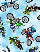 Vehicle Fabric Dirt Bike Toss Sky Blue Timeless Treasures YARD