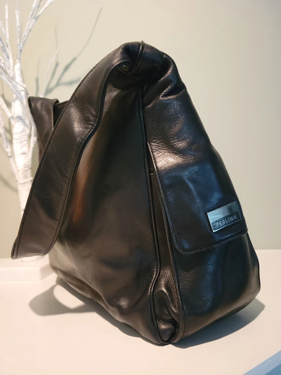 Perlina New York Black Leather Hobo Shoulder Bag Slouchy Gold Hardware Y2K Vintage PERLINA New York Luxurious Black Leather Hobo Bag  main image 4