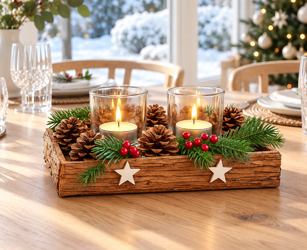 Adventsgesteck Mit Deko Tannenzapfen Beeren Holzumrandung 2 Glas Kerzenhalter-image