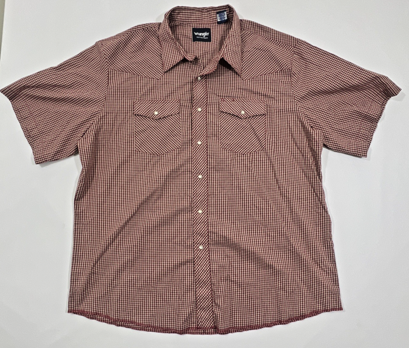 Wrangler Men’s 2XL Western Pearl Snap Shirt Red Plaid Short Sleeve Raw Hem EUC