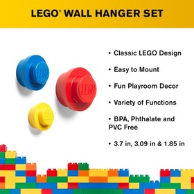 , Lego Wall Hanger Set - Decorative Playroom Utility Hooks - Yellow/Red/Blue