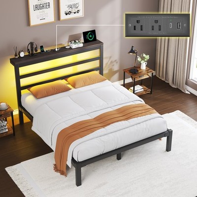 Twin/Full Size Metal Bed Frame with Storage Headboard, Charging Station and LED.