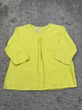 Match Point Top Women Large Oversized Neon Yellow Linen Ruched V Neck Tunic