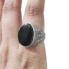 NATURAL BLACK ONYX 925 SILVER DEC BIRTHSTONE ARABIC DESIGN SIGNET MENS RING
