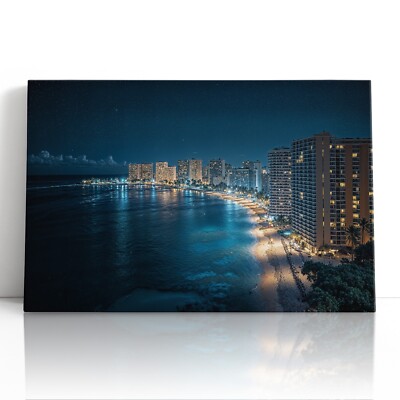 Waikiki Beach Night Skyline Canvas Print Wall Art   Honolulu Ocean City Lights