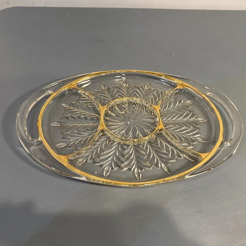 Jeanette Feather Gold Trim 5 Section Handled Relish Tray Clear Glass Vintage