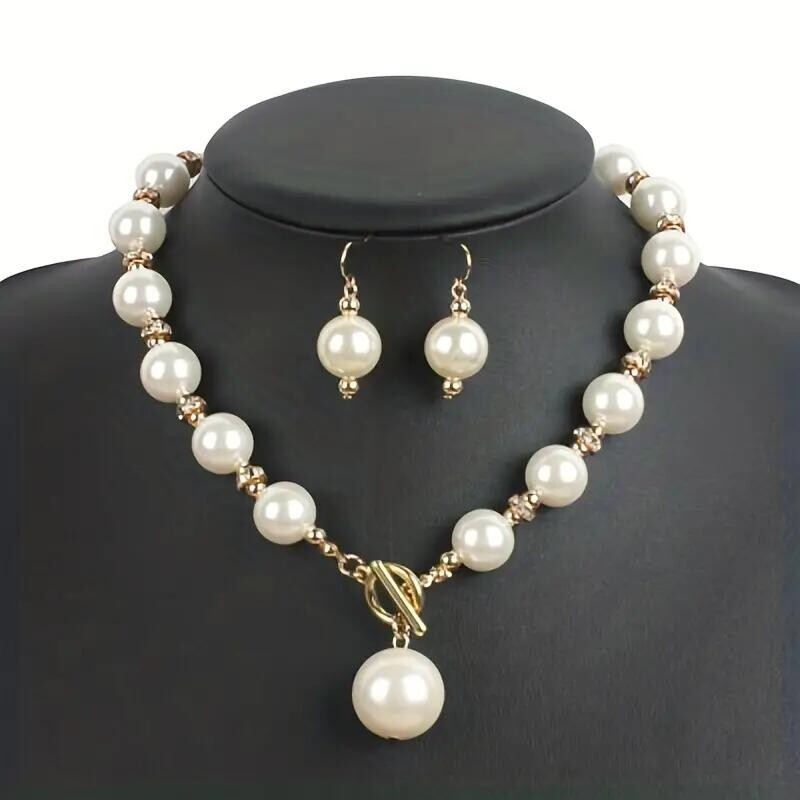 3PCS 14K Gold Plated Imitation Pearl Elegant Necklace Earrings