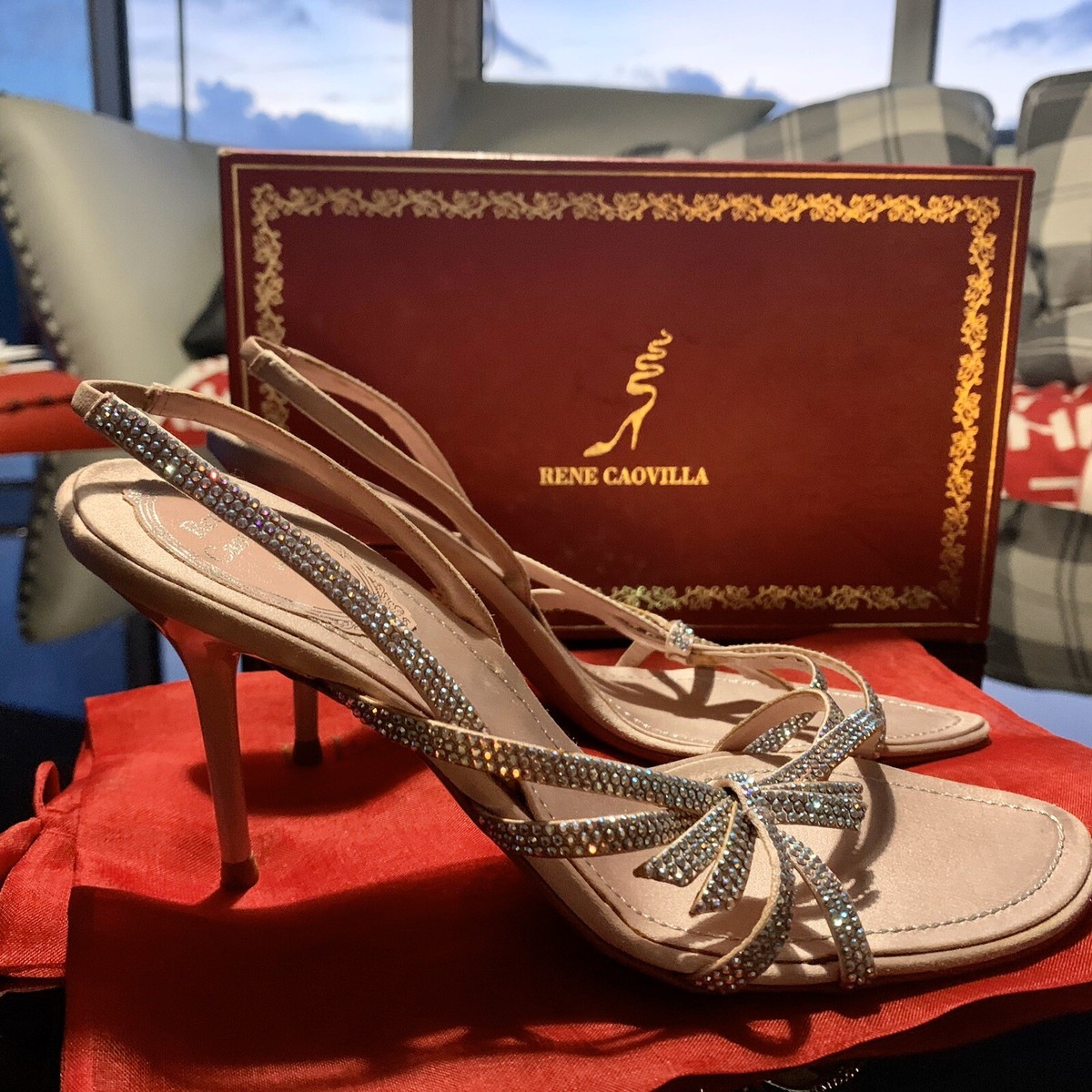 Sandales Rene Caovilla à Lanières - Satin Rose Et Turquoise Avec Cristaux - Taille 7.5 - Talons Aiguilles