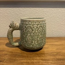 Thai Celadon Mug Cup Lunar New Year Green Pottery Ceramic Dragon Handle