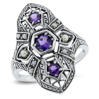 GENUINE AMETHYST PEARL 925 STERLING SILVER DECO ANTIQUE STYLE FILIGREE RING 095X