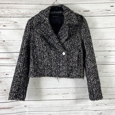 T Tahari Jacket Women s 10 Black Double Breasted Tweed Wool Blend Fluffy NWT