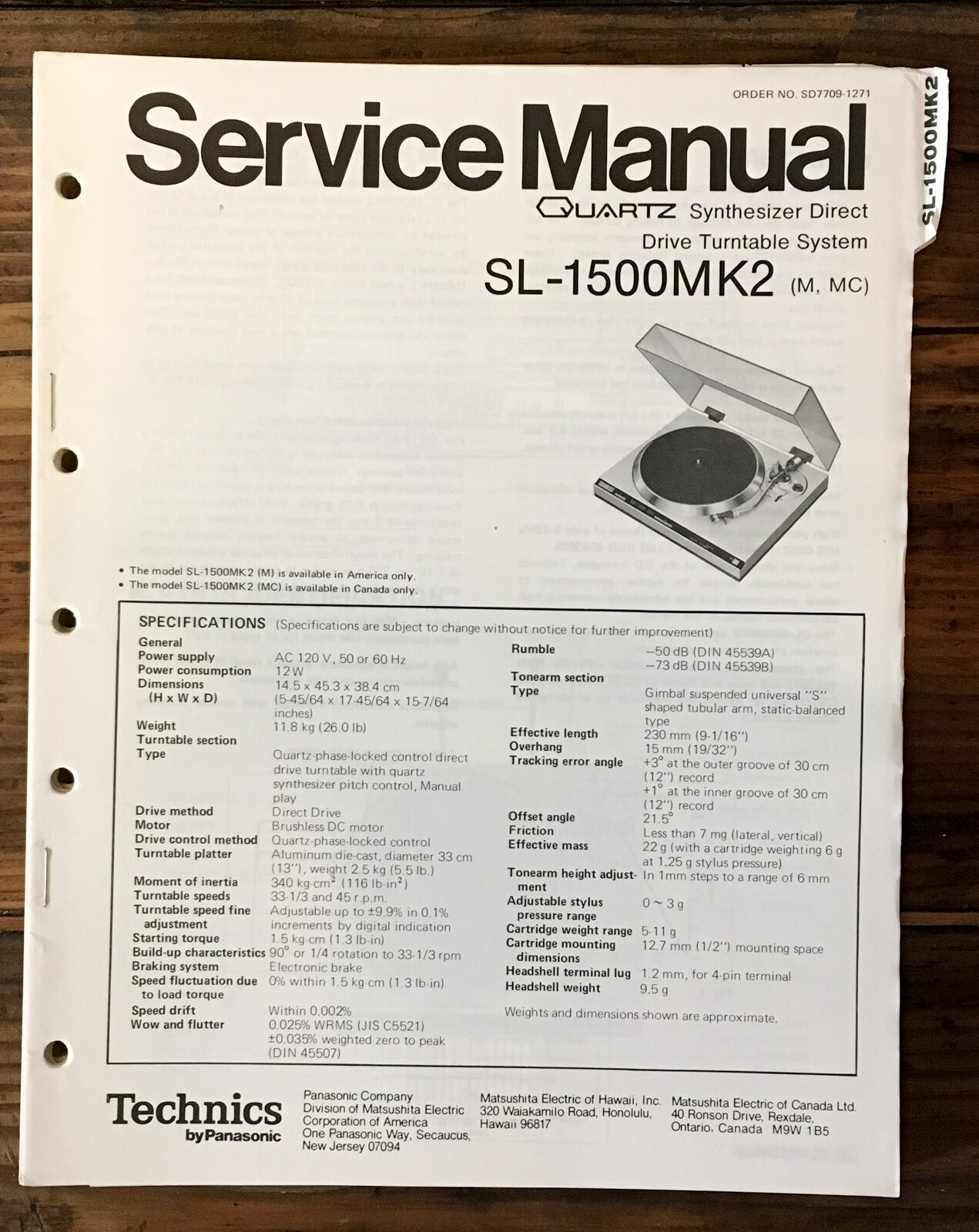 Technics SL-1500 MK2 Record Player / Turntable Service Manual *Original*