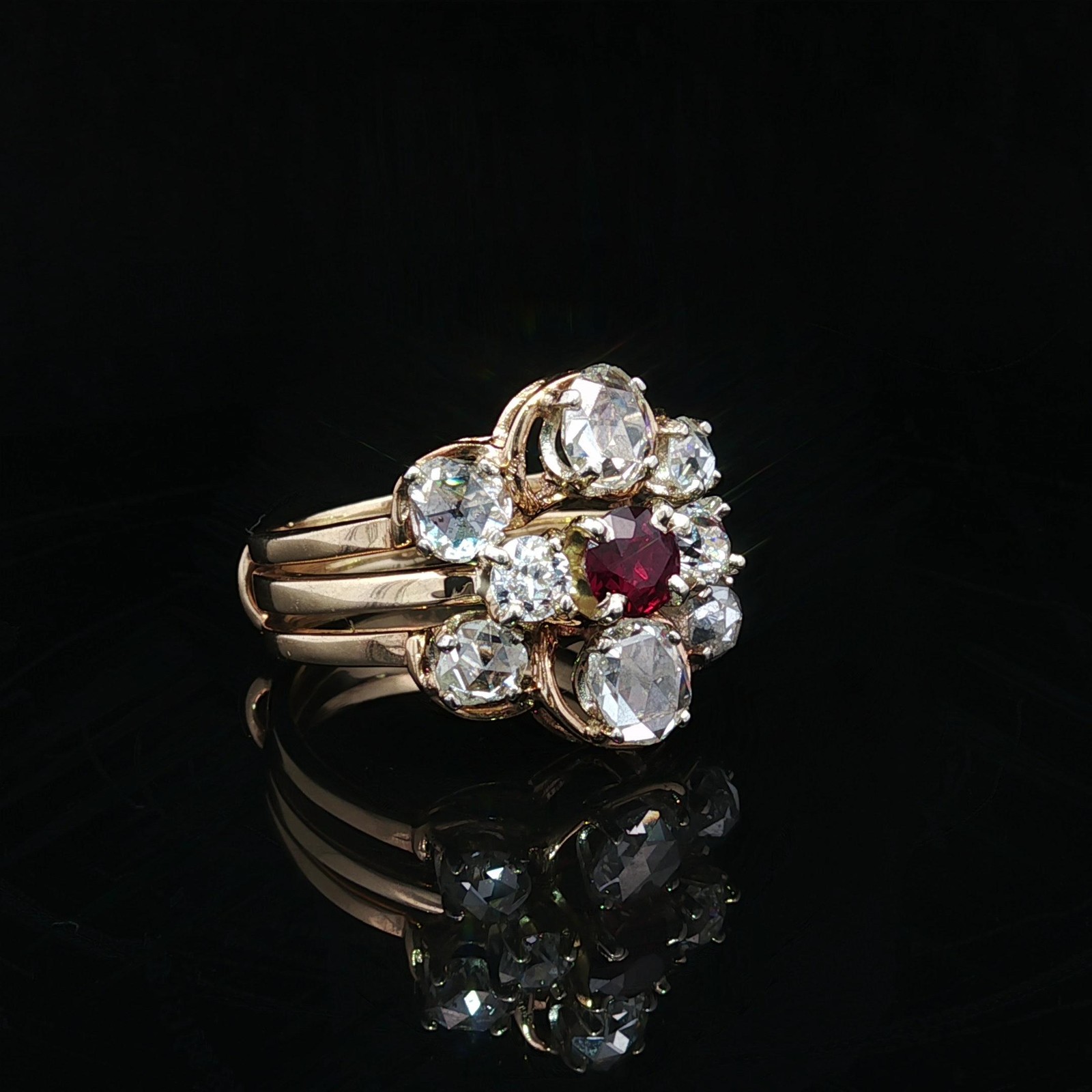 Solid Yellow Gold Round Ruby W/ Large Rose & Old … - image 14