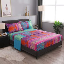 Bohemian Retro Bedding Sheet Set,Boho -1 Fitted Sheet, 1 Flat, 2 Pillow Cases -