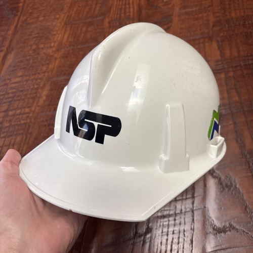 Vintage "NSP" Northern States Power Co. White MSA Hard Hat w broken liner strap