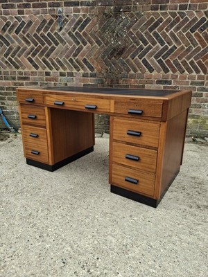 Vintage Mid Century Modern Doppelsockel Schreibtisch Blau Lederplatte Teak Optik