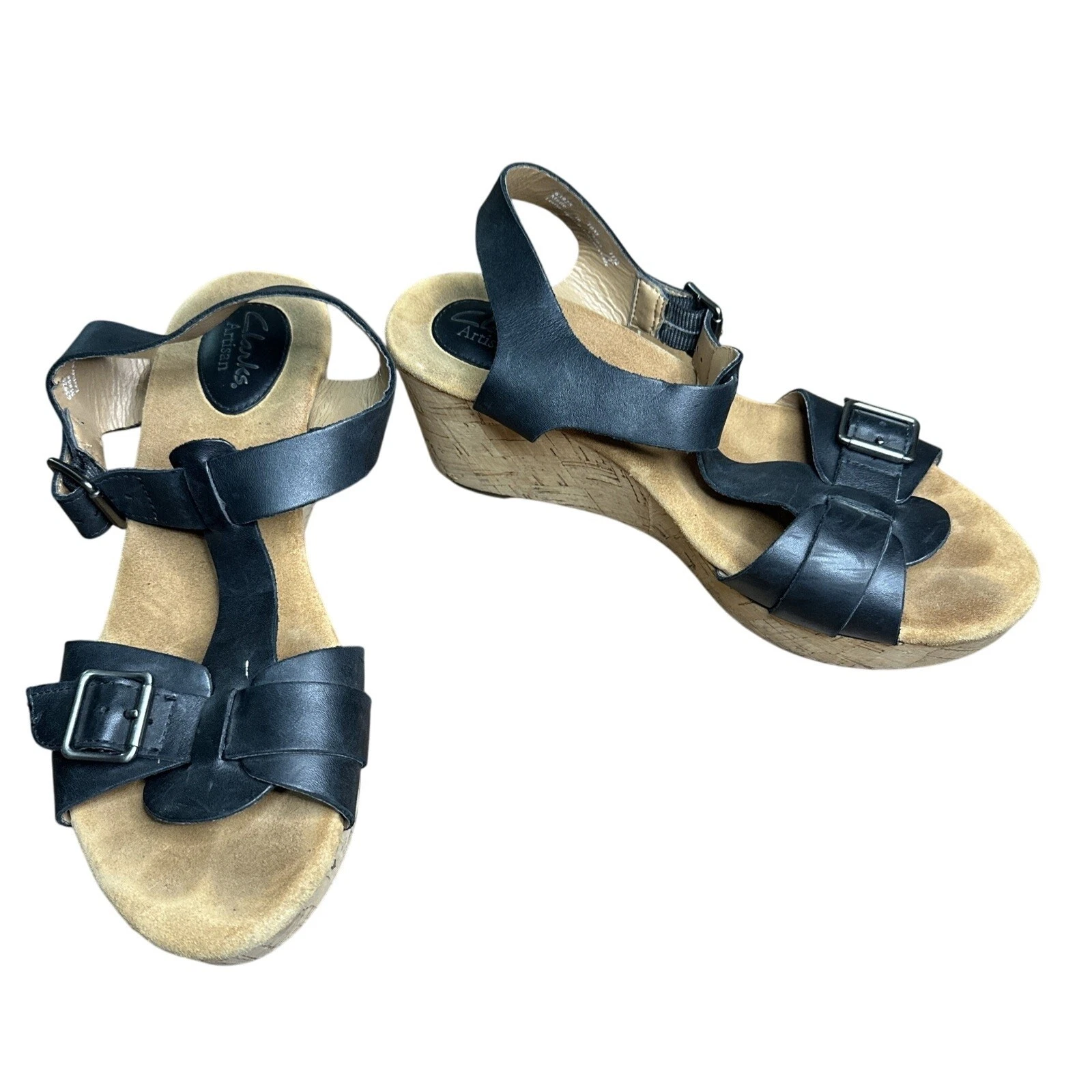 Clarks Artisan sandalo donna 10M nero cinturino pelle sughero zeppa tacco scarpa 63925