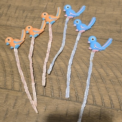 Set Of 6 Vtg Plastic Google Eyes Birds On Pipe Cleaners 40s Pink Blue