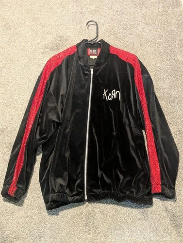 Vintage Y2K Korn Velour Track Jacket Mens L Black Red Sequin Giant RedBalls video thumbnail