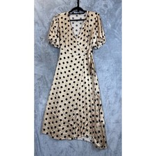 Zara Dress Polka Dot Satin Wrap Tan Black Puff Sleeve V-Neck Large